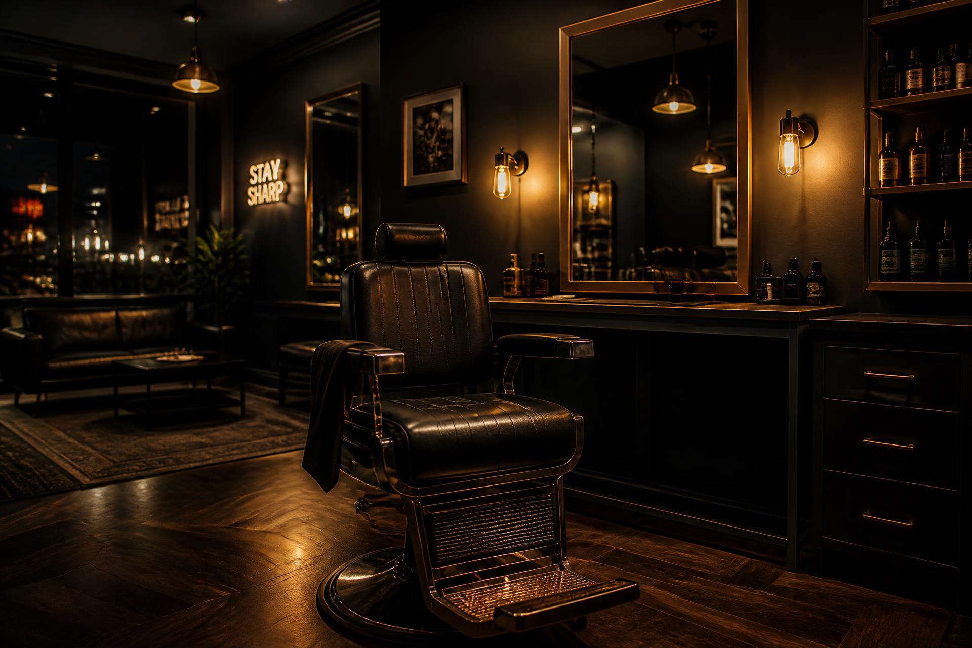 Interior da Cavalini Barber com cadeira de barbeiro e iluminação âmbar